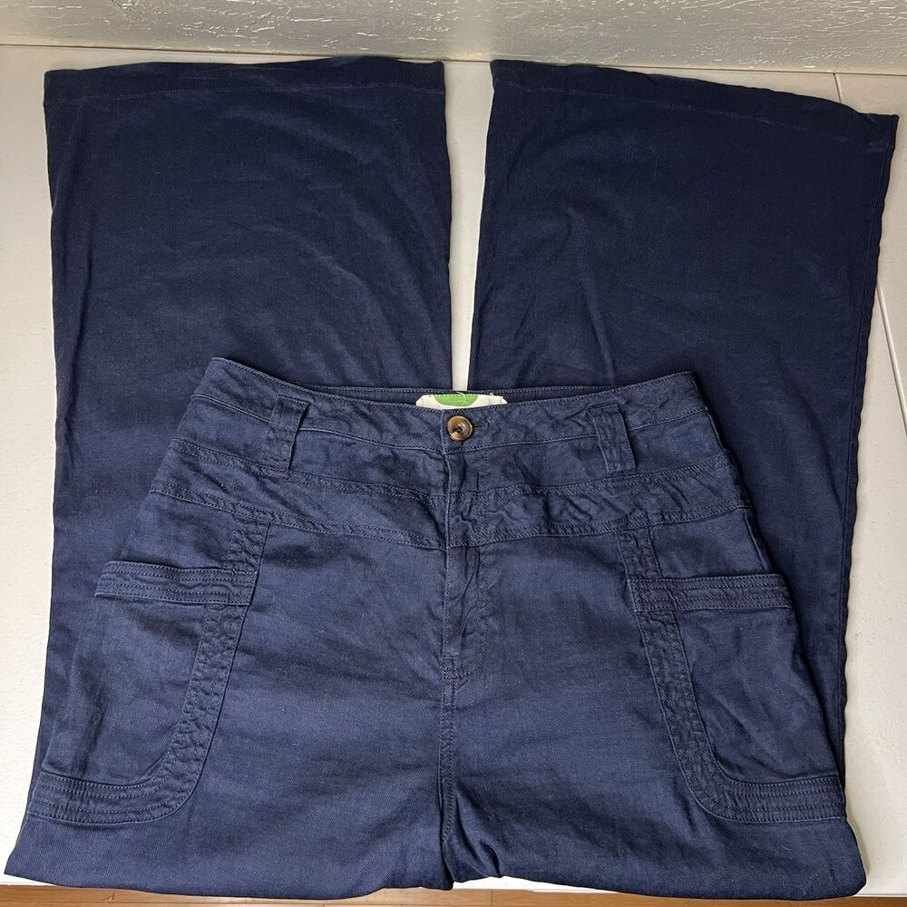 Anthropologie Trouser Pants Womens 31x32 Navy Blue Linen High Waist Wide Leg